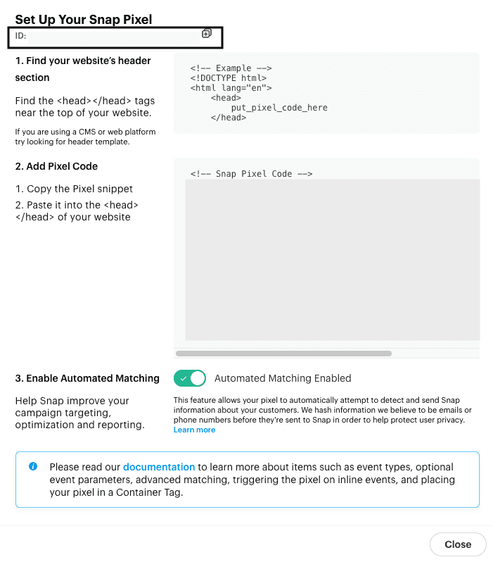 Snap Conversions Pixel ID